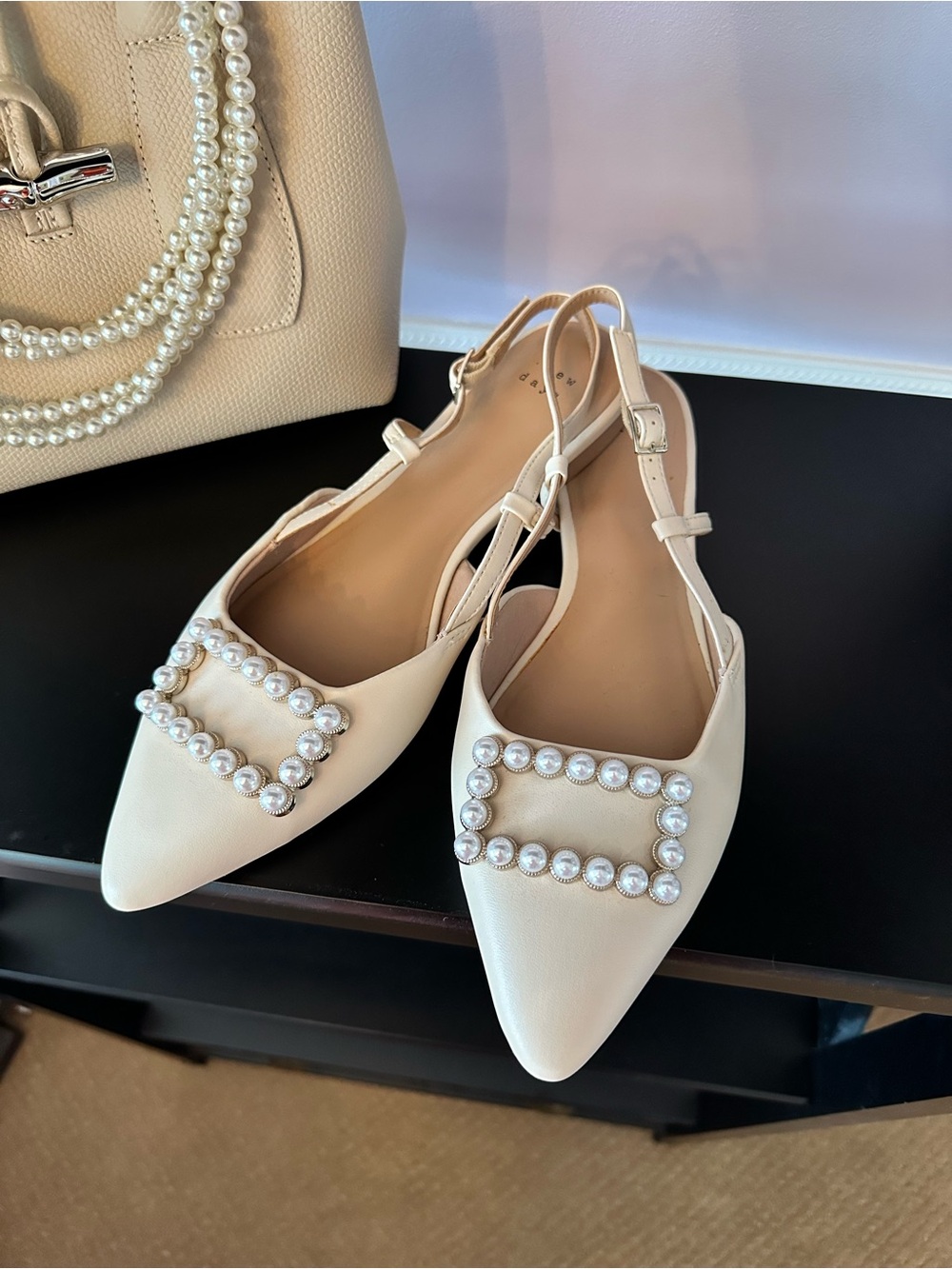 a new day - Pearl-Embellished Pointed Slingback Flats - Cream